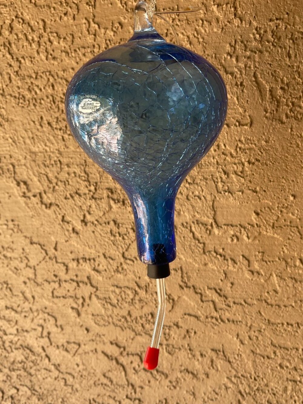 Mid Century Blenko Blue Crackle Glass Hummingbird Feeder - Rare